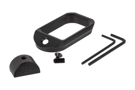 The Agency Arms Glock magazine well comes with mounting hardware and grip plug